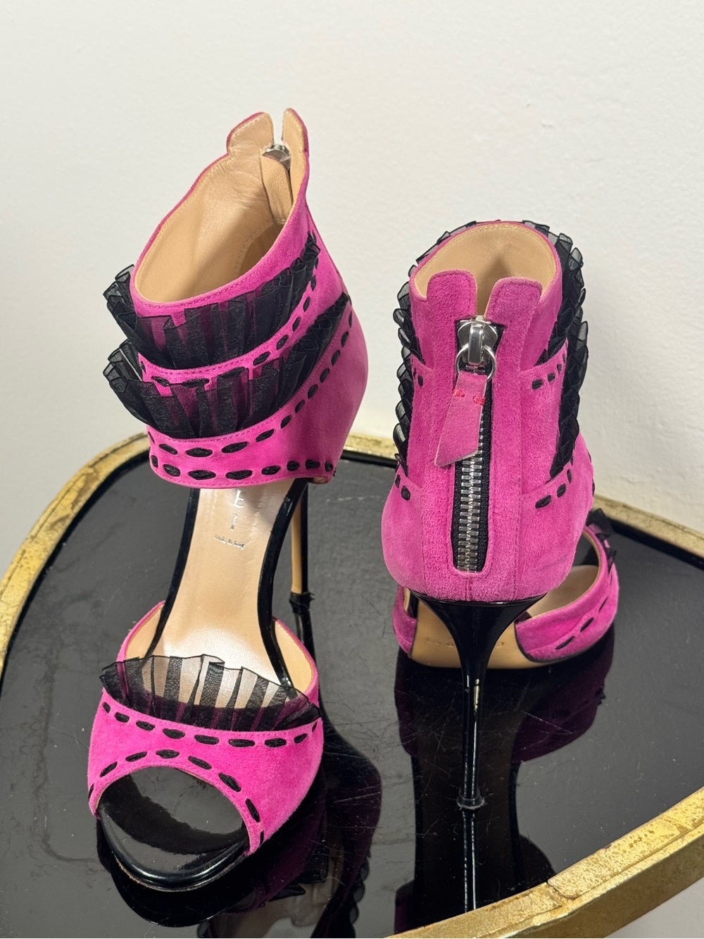CASADEI Hot Pink Ruffle Suede High Heel Sandals with Black Trim